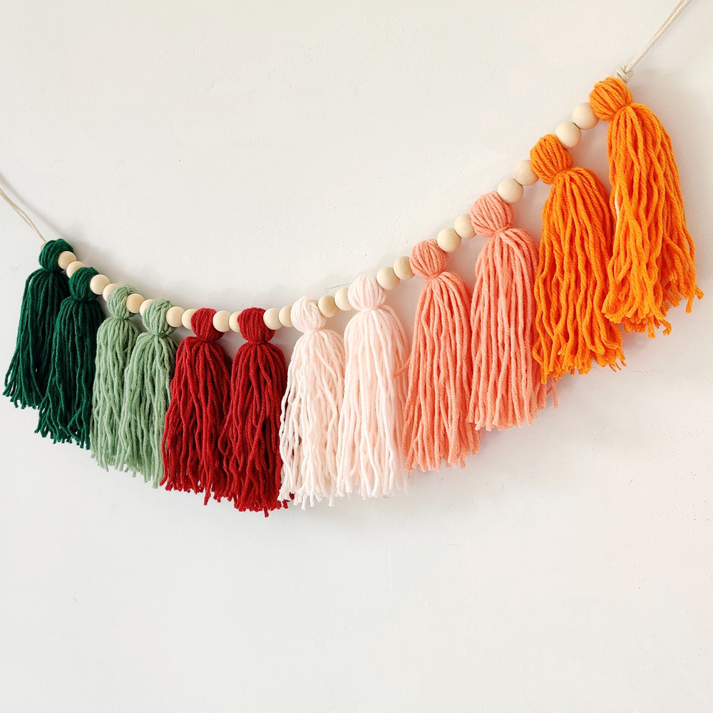 Home Party Baby Kids Boho Decor Wall Hanging Sign Pastel Tassel Bead Garland Banner with Wood Beads