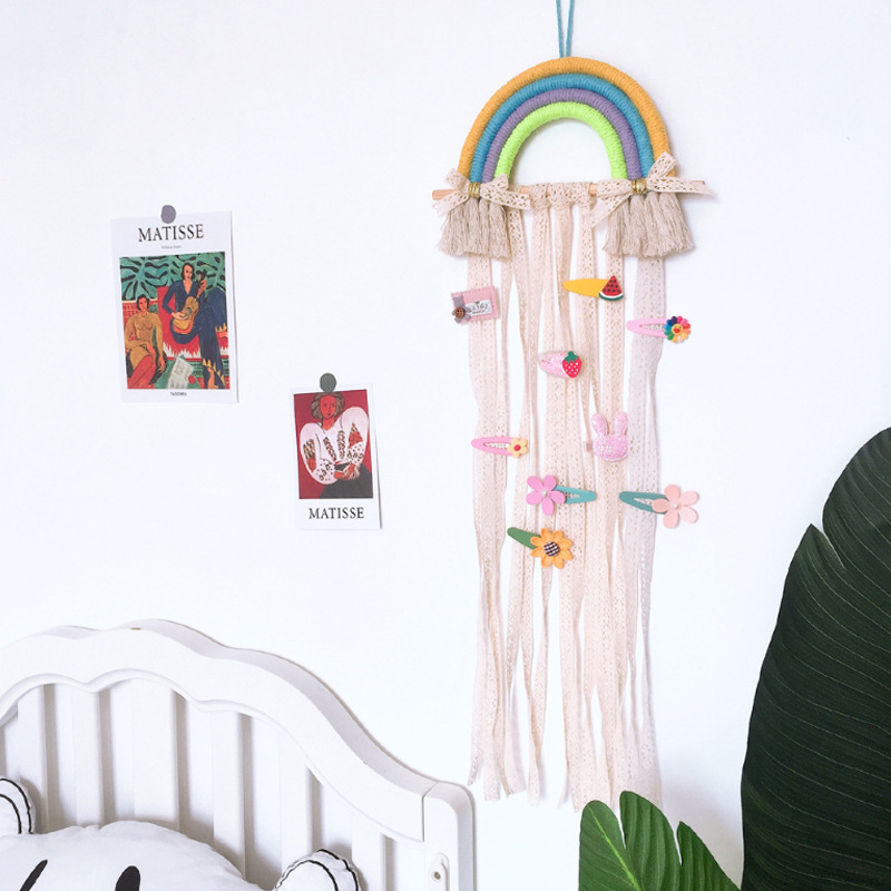 Rainbow design wall hanging hand-woven Children's hairpin hair accessories storage belt Macrame wall hanging Home decoration