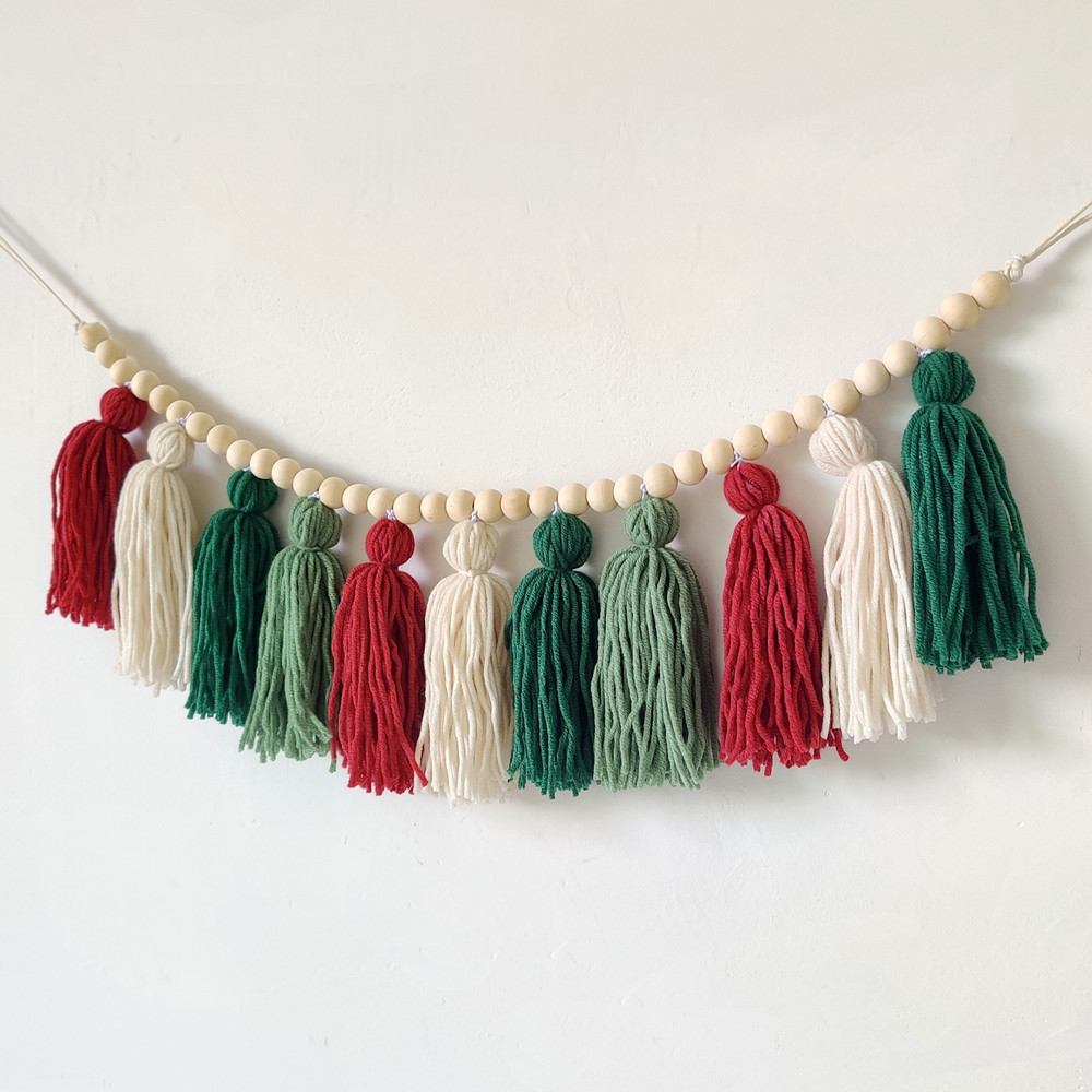 Home Party Baby Kids Boho Decor Wall Hanging Sign Pastel Tassel Bead Garland Banner with Wood Beads