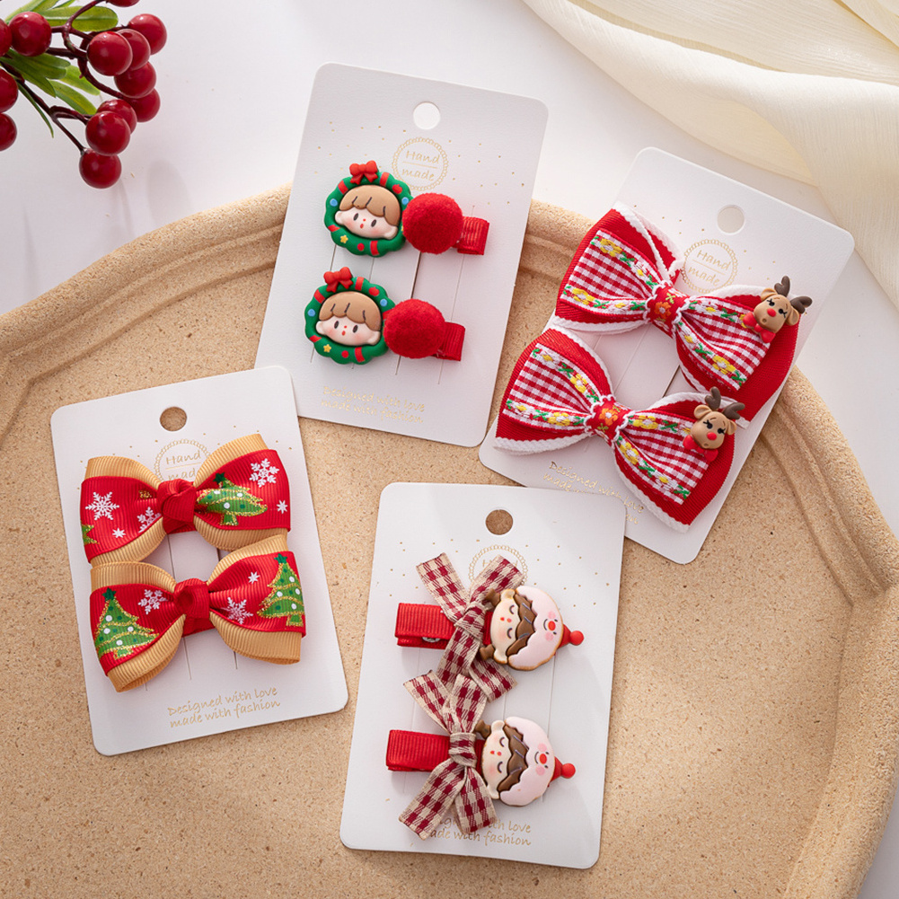 2Pcs/Set Christmas Baby Girls Hair Clips Ribbon Flower Tree Snowflake Resin Hair Bows Xmas Hairpins Hairgrips