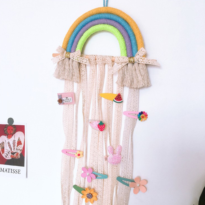 Rainbow design wall hanging hand-woven Children's hairpin hair accessories storage belt Macrame wall hanging Home decoration