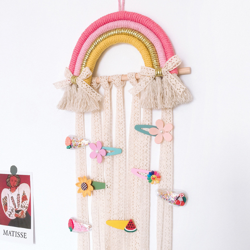 Rainbow design wall hanging hand-woven Children's hairpin hair accessories storage belt Macrame wall hanging Home decoration