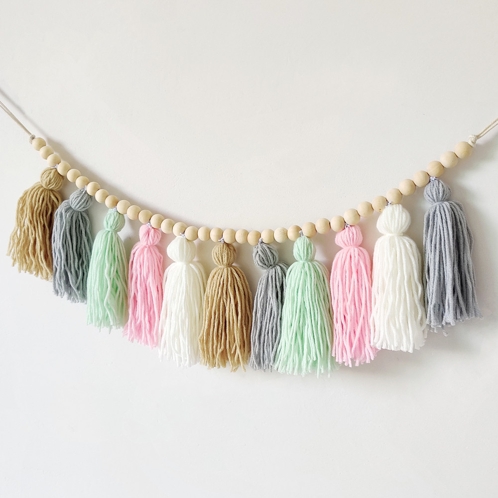 Home Party Baby Kids Boho Decor Wall Hanging Sign Pastel Tassel Bead Garland Banner with Wood Beads