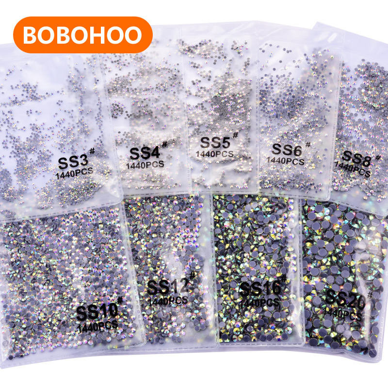 BOBOHOO Round ss3-ss50 Cold Strong Glue Crystal AB Stones Glass Hot Fix Rhinestone For Dance Dress