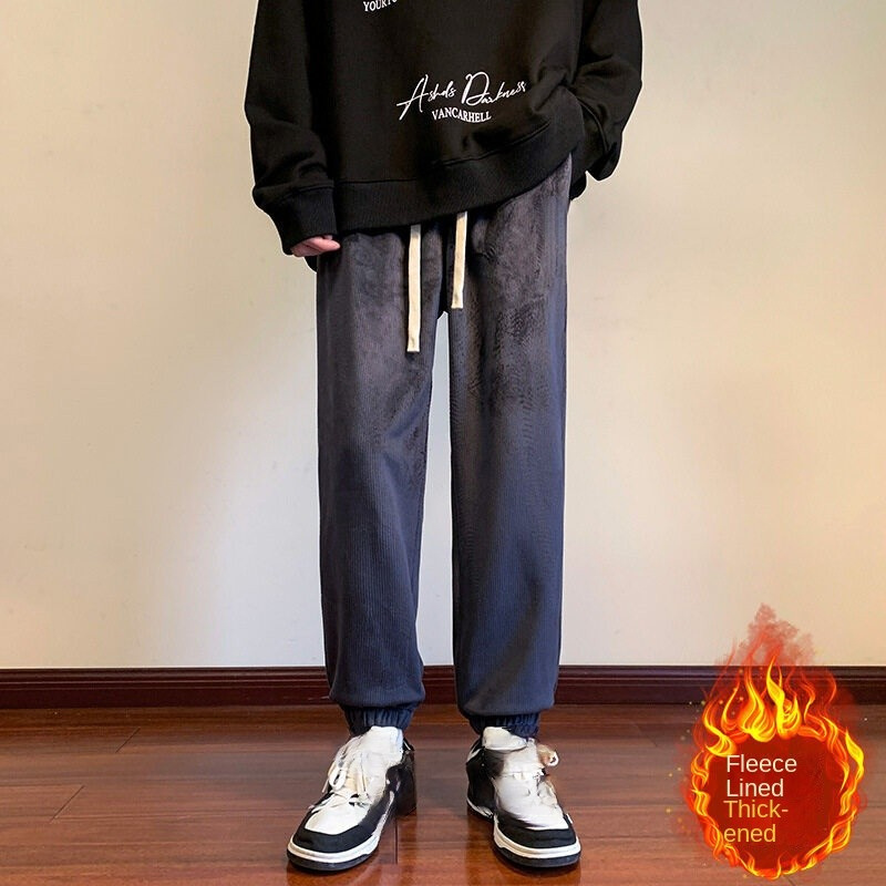 Fitspi Winter Gray Sweatpants Men's Casual Cropped Sports American Fashion Brand Fleece-lined Joggers Boys Straight Long Pants