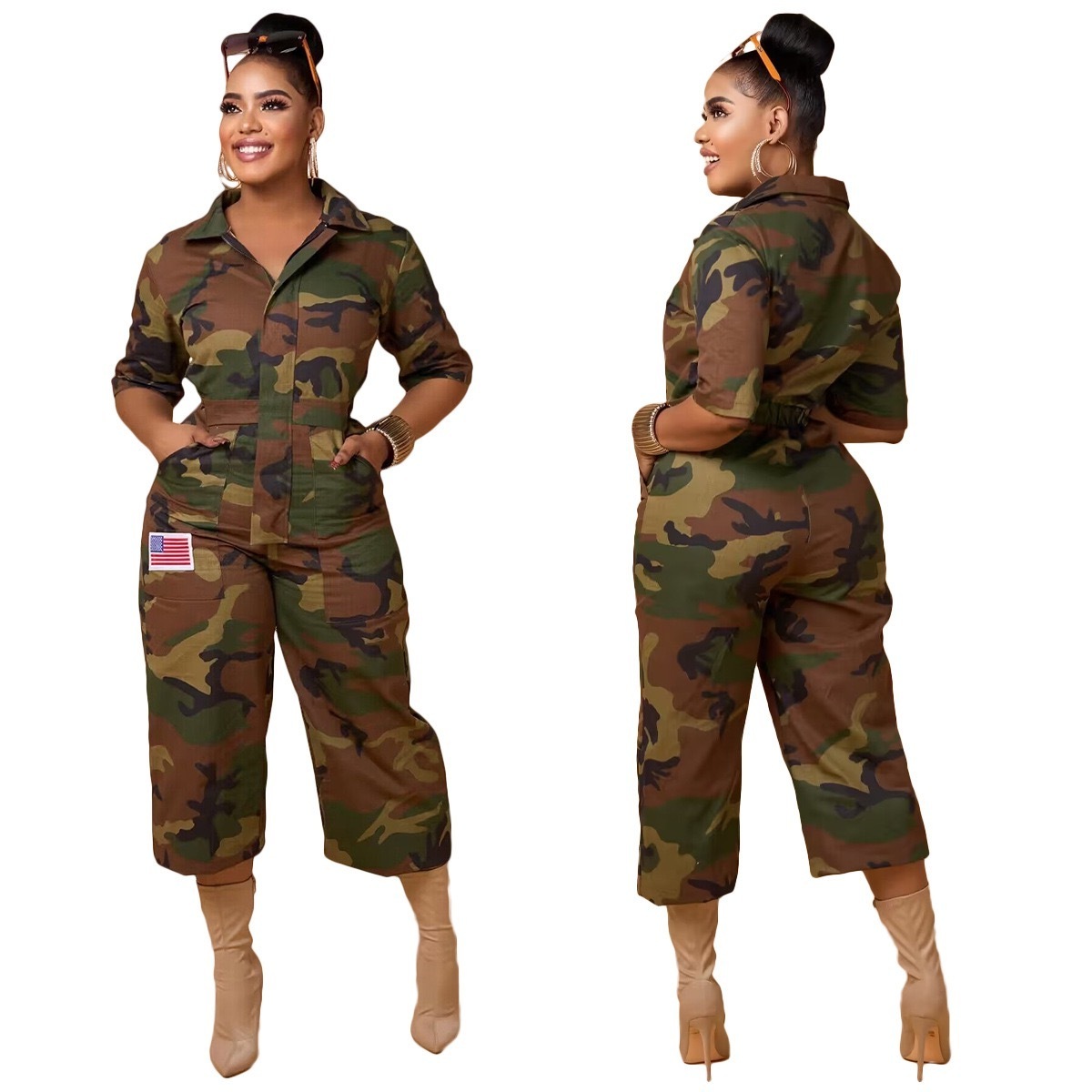 BOBOYU 2023 streetwear pocket jumpsuit for women fashionable camouflage printed half sleeve v neck loose casual woman jumpsuits