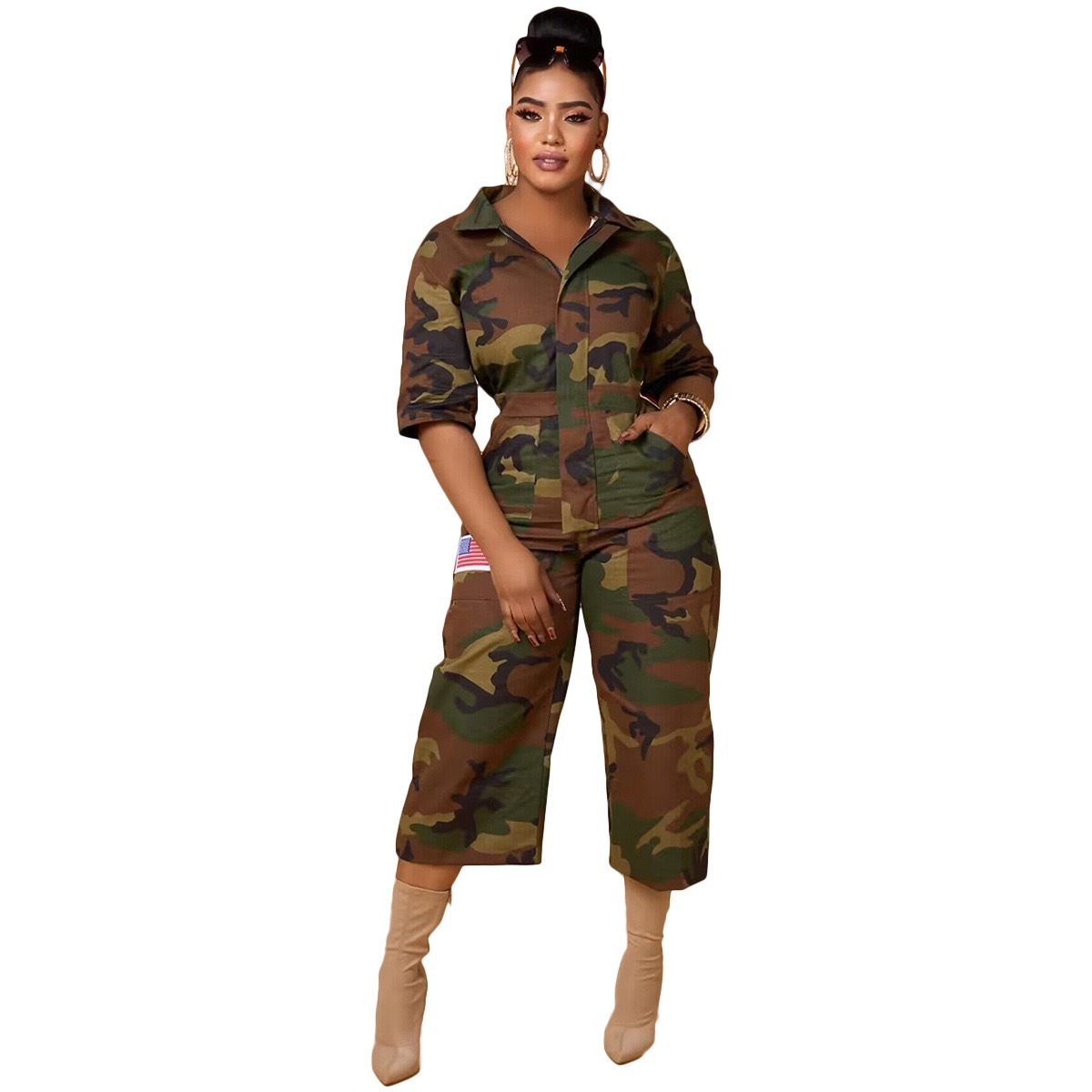 BOBOYU 2023 streetwear pocket jumpsuit for women fashionable camouflage printed half sleeve v neck loose casual woman jumpsuits