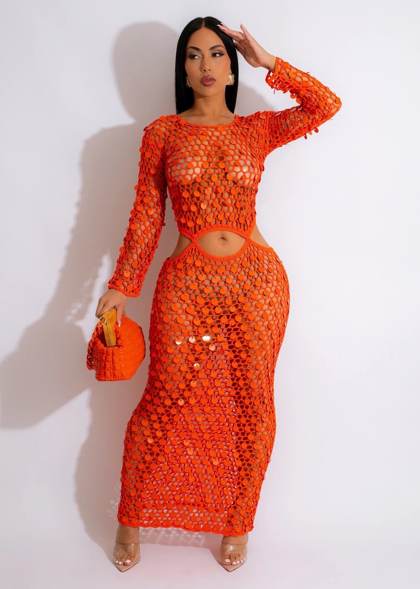 BOBOYU 2023 summer new arrivals sexy sequin club dresses women fashionable knitted long sleeve hollow out maxi dress beach wear