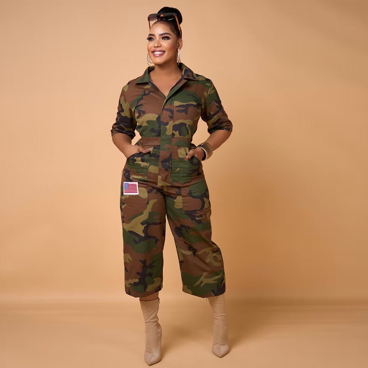 BOBOYU 2023 streetwear pocket jumpsuit for women fashionable camouflage printed half sleeve v neck loose casual woman jumpsuits