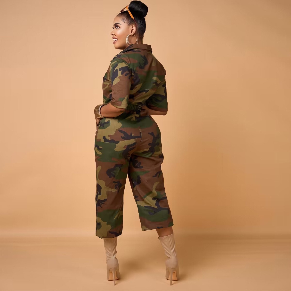 BOBOYU 2023 streetwear pocket jumpsuit for women fashionable camouflage printed half sleeve v neck loose casual woman jumpsuits