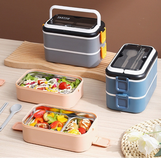 304 Stainless Steel Lunch Box 2layer Stackable Food Container thermal lunch box with handle