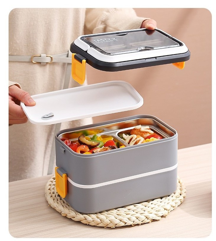 304 Stainless Steel Lunch Box 2layer Stackable Food Container thermal lunch box with handle