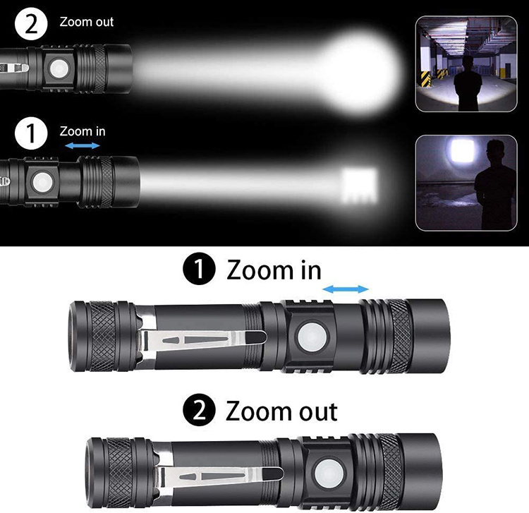 Camping Emergency 4modes Light Torch Waterproof Zoomable High Lumen Rechargeable LED Clip Tactical Flashlight