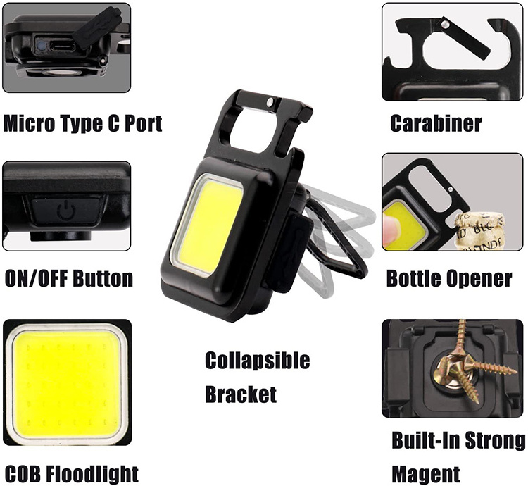 With Folding Bracket Bottle Opener Magnet Base COB Rechargeable Keychain Mini Flashlight