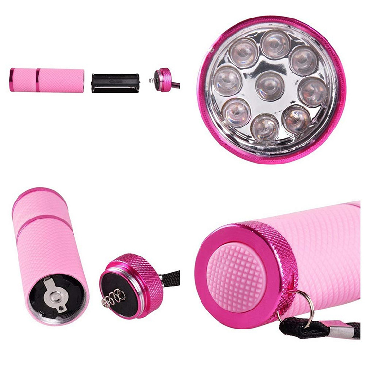 Rubber Coated Glow Purple Light Stains Detector Mini 9 LED Gel Nail Curing UV Flashlight