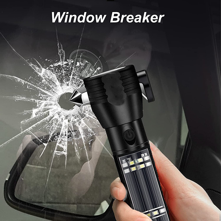 Multifunction Emergency Escape Waterproof Rechargeable Alarm Rescue Car Safety Hammer Led Flashlight