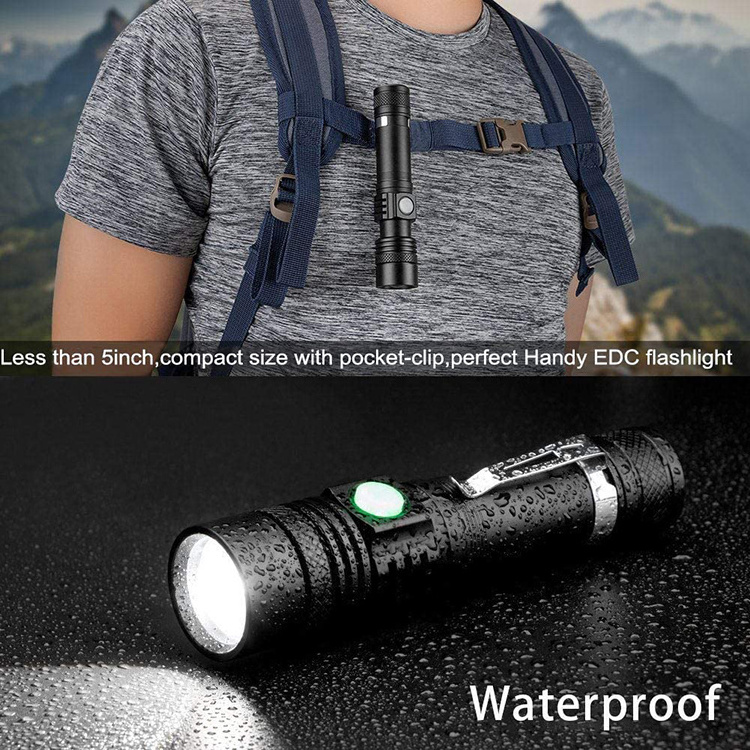 Camping Emergency 4modes Light Torch Waterproof Zoomable High Lumen Rechargeable LED Clip Tactical Flashlight