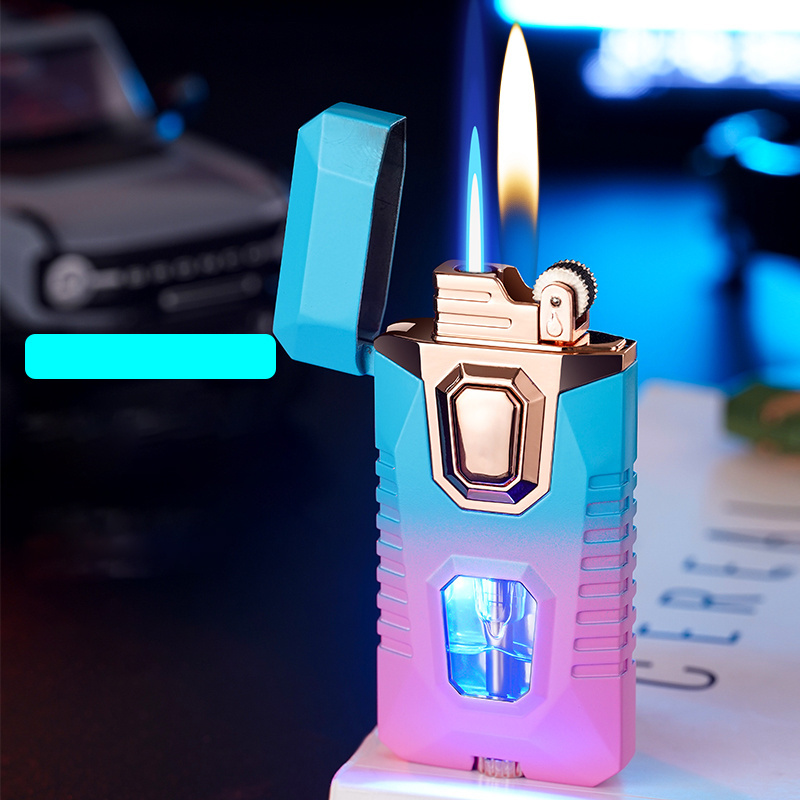 TH630 dual flame switching open flame jet lighter metal visible gas night light cigarette lighter wholesale