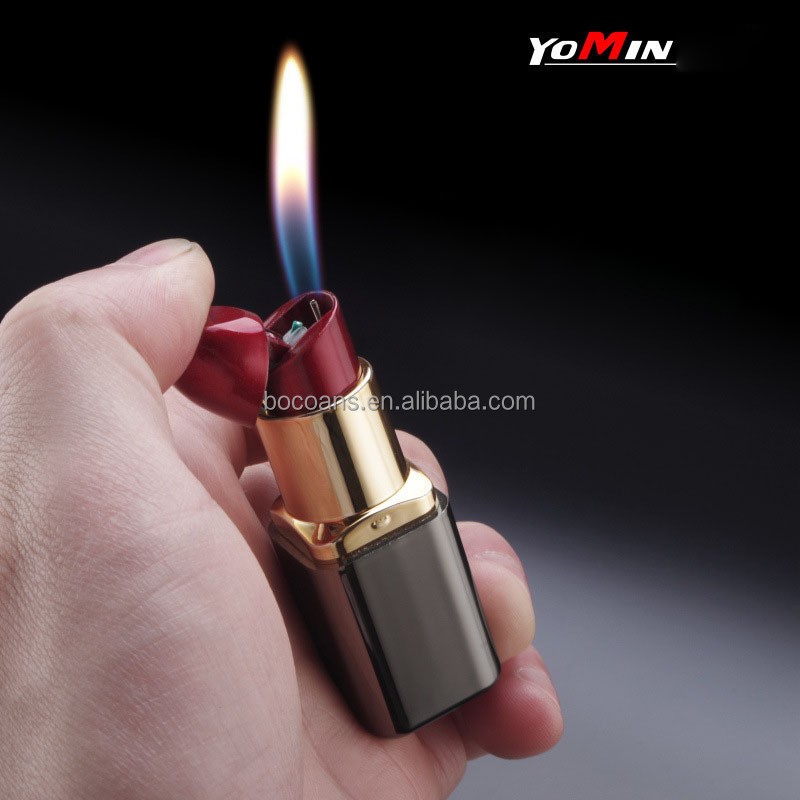 YM092 creative Mini women's lighter personalized lipstick shape open flame lighter metal inflatable cigarette set wholesale