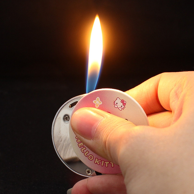 WM0075  creative round metal inflatable lighter red flame open flame lighter cigarette lighter wholesale