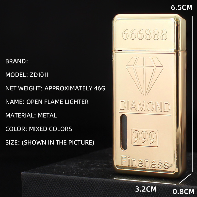 ZD1011  Wholesale of   Creative Diamond Gold Bar Grinding Wheel Lighter Metal Visual Air Chamber Inflatable Cigarette Lighter