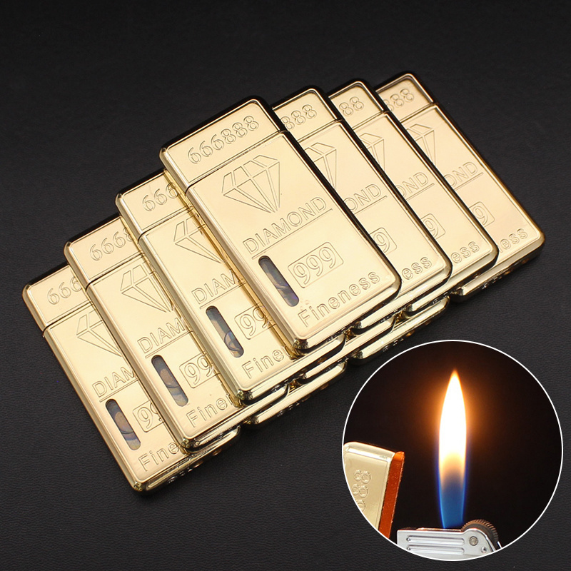 ZD1011  Wholesale of   Creative Diamond Gold Bar Grinding Wheel Lighter Metal Visual Air Chamber Inflatable Cigarette Lighter