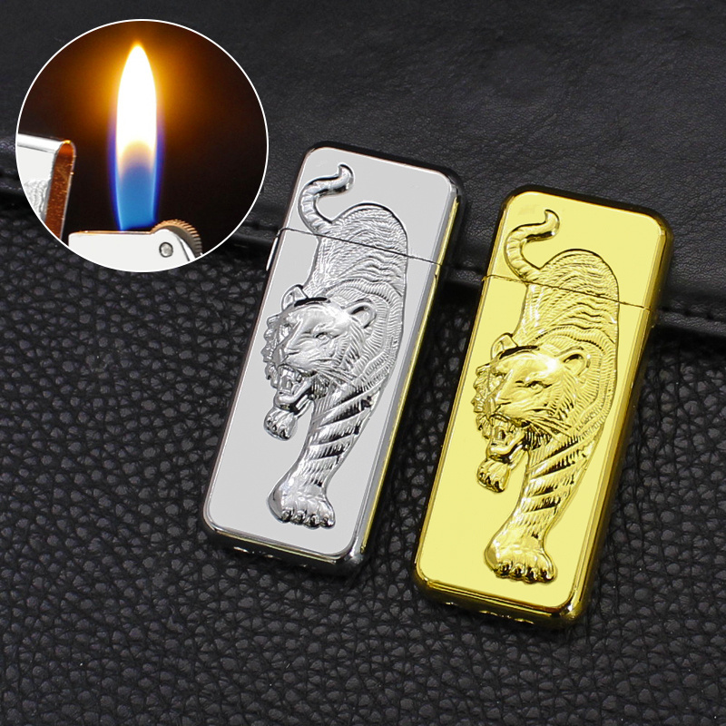 XF616   New Tiger Embossed Craft Grinding Wheel Lighter Metal Drawing Open Flame Inflatable Cigarette Lighter Wholesale