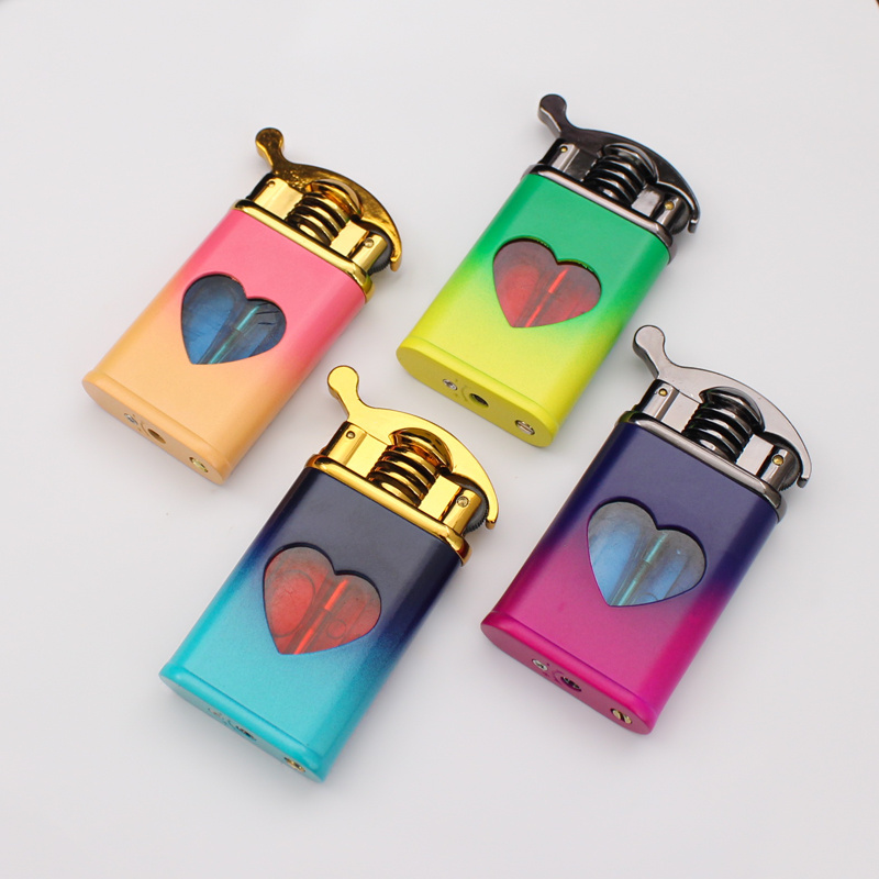 BL38-5 Heart shaped Transparent Visible Gas Lighter Metal Grinding Wheel Open Fire Inflatable Cigarette Lighter Wholesale