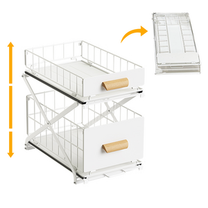 Foldable Metal Pull out Adjustable Height 2 Tier under Sink Storage Organizer with Sliding Drawer Cabinet Storage Rack