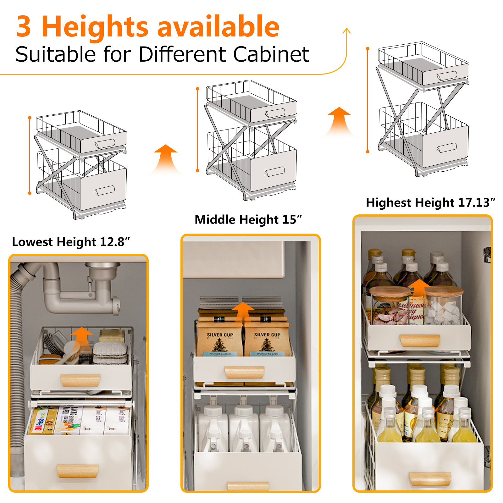 Foldable Metal Pull out Adjustable Height 2 Tier under Sink Storage Organizer with Sliding Drawer Cabinet Storage Rack