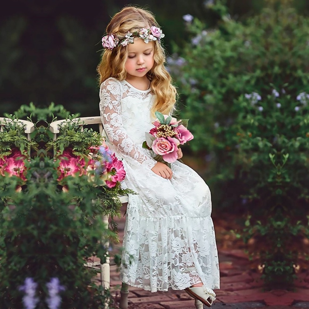 Boutique kids girl long dresses wedding Toddler Frocks Kids White Dress Tulle Flower Lace white ball gown dresses for kids