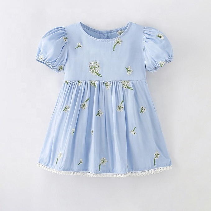 shopee popular baby girl dress children casual short-sleeved round neck embroidery blue causal New Girls Summer Princess Dress