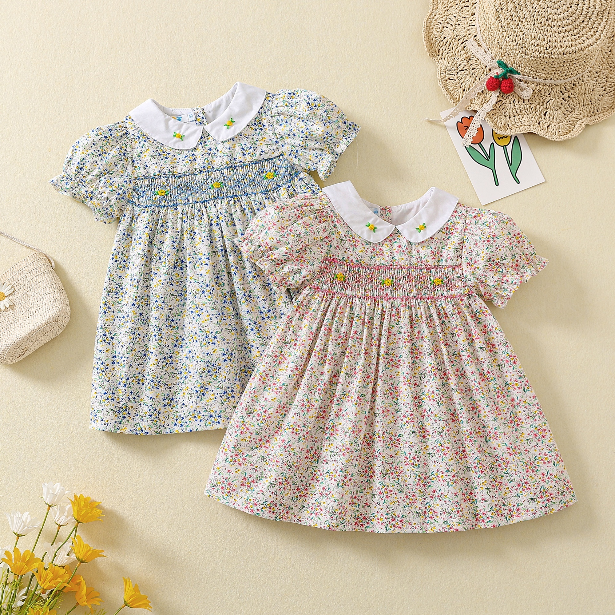 smocked children clothing wholesale infant hand smocked girls dress outfit floral hand made kids clothing