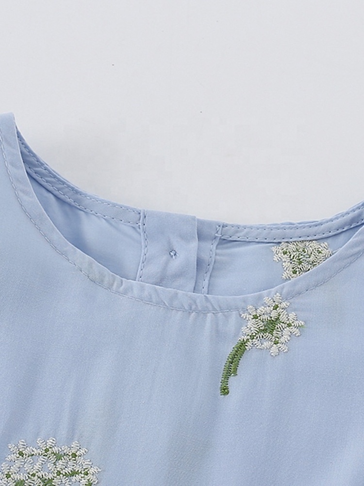 shopee popular baby girl dress children casual short-sleeved round neck embroidery blue causal New Girls Summer Princess Dress