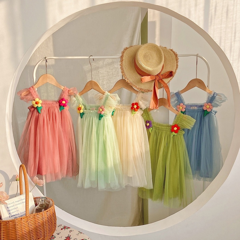 Ins hot sale sling strap baby girl summer dresses solid color little girl dress kids tulle tutu dress for 1-10 years