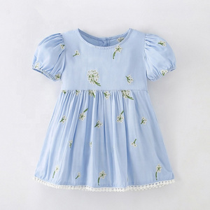 shopee popular baby girl dress children casual short-sleeved round neck embroidery blue causal New Girls Summer Princess Dress