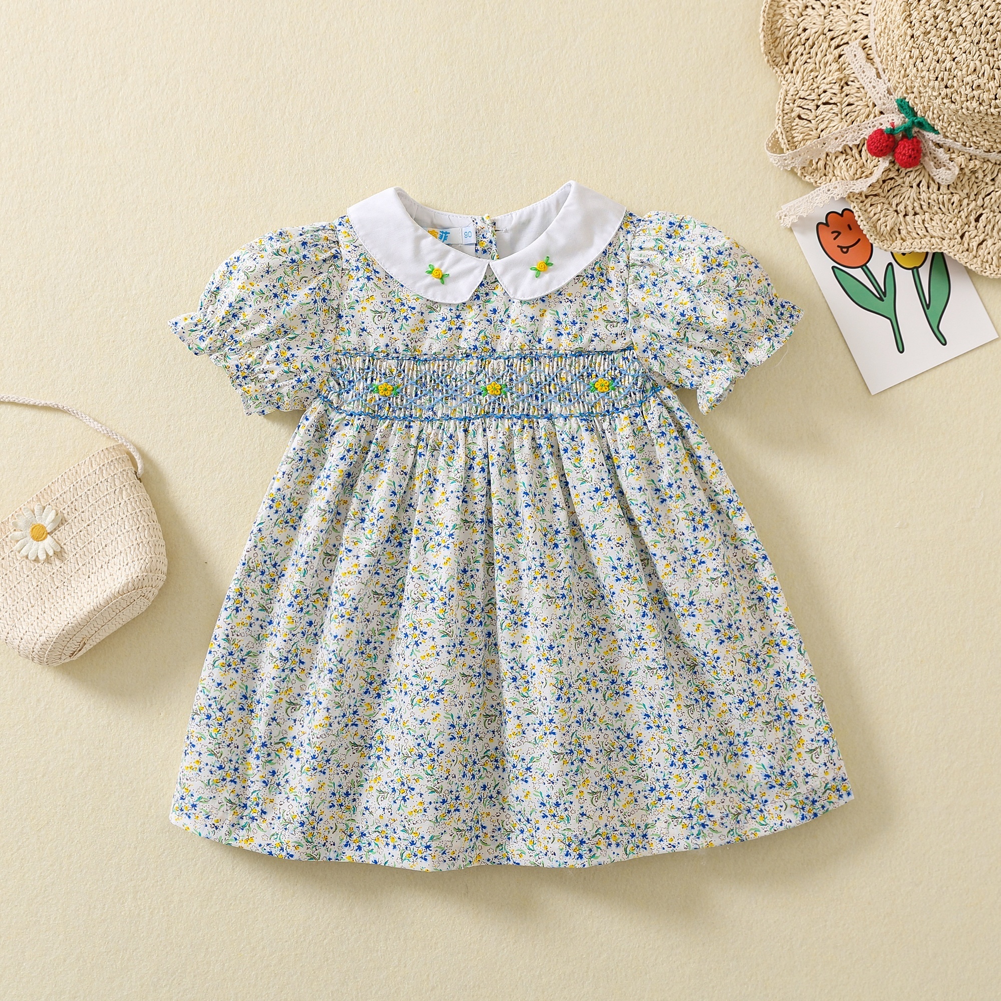 smocked children clothing wholesale infant hand smocked girls dress outfit floral hand made kids clothing