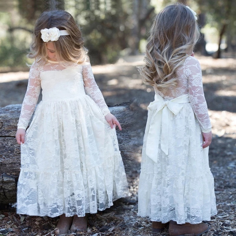 Boutique kids girl long dresses wedding Toddler Frocks Kids White Dress Tulle Flower Lace white ball gown dresses for kids