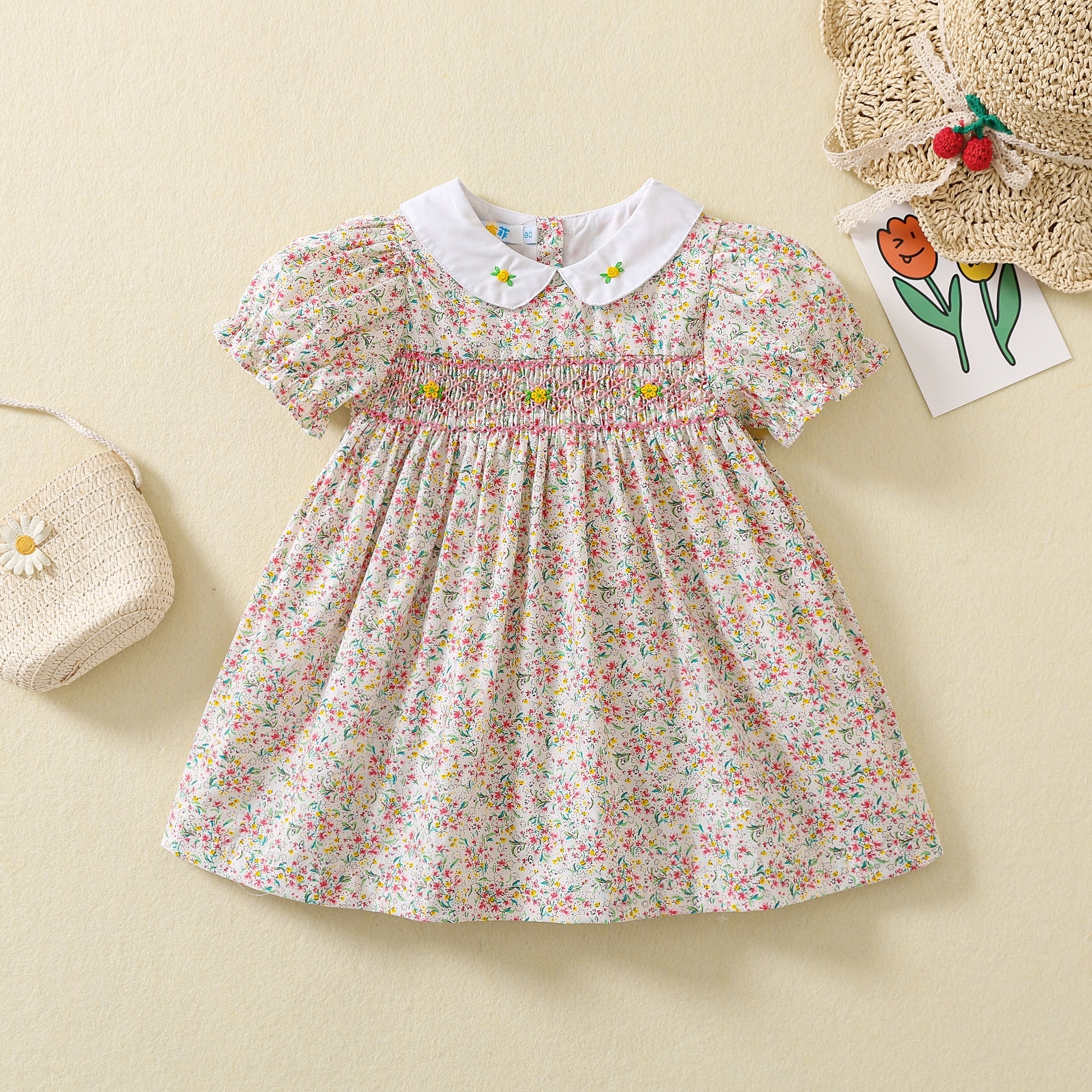 smocked children clothing wholesale infant hand smocked girls dress outfit floral hand made kids clothing