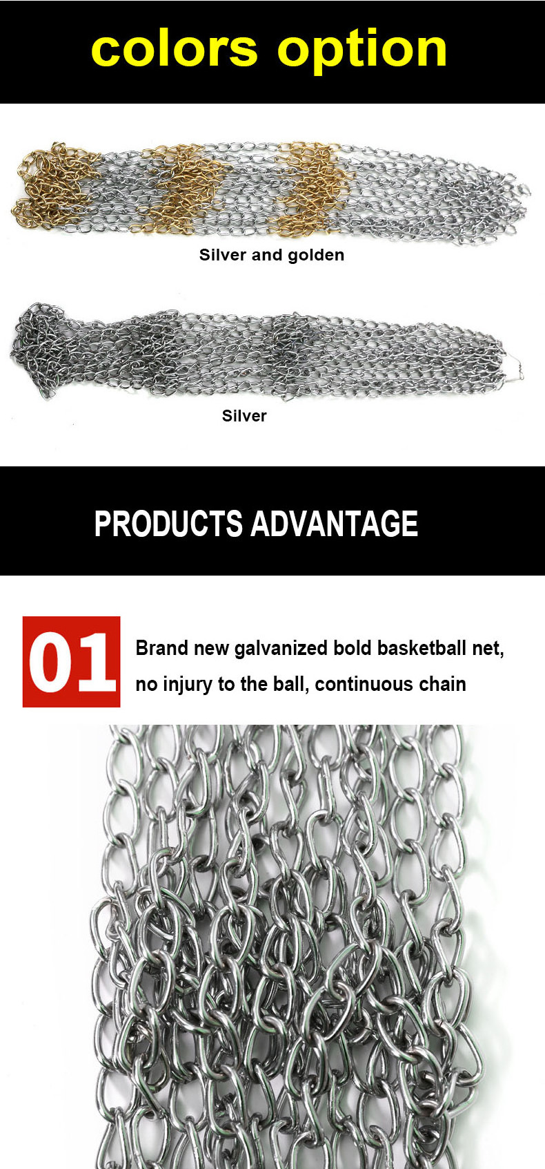 indoor outdoor 50cm heavy duty metal chain silver golden basketball rim net