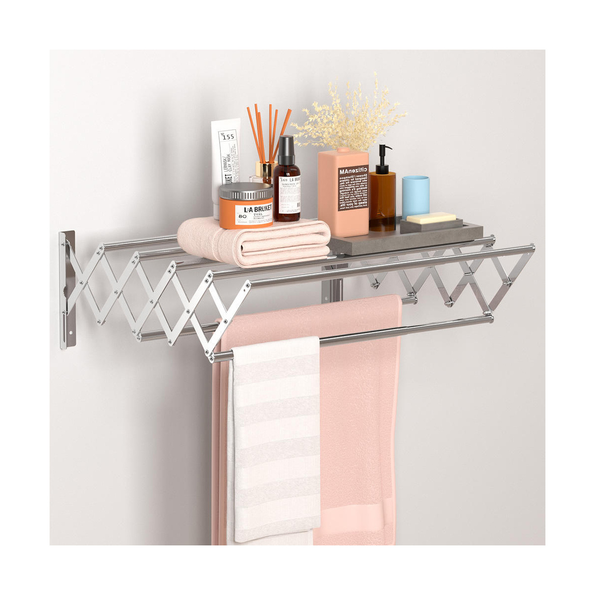 Stainless Steel Wall Mounted Retractable Towel Shelf with Clothes Hook Bathroom Adjustable Laundry Drying Rack Towel Rack