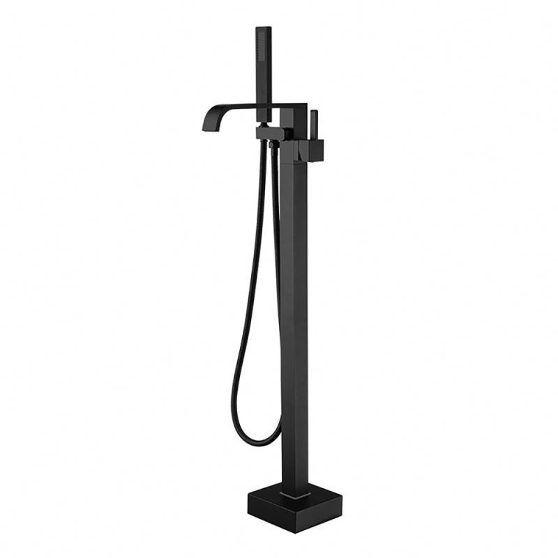 Waterfall Tub Filler Freestanding Bathtub Faucet Black Floor Mount Brass Single Handle Bathroom Faucets with Hand Shower