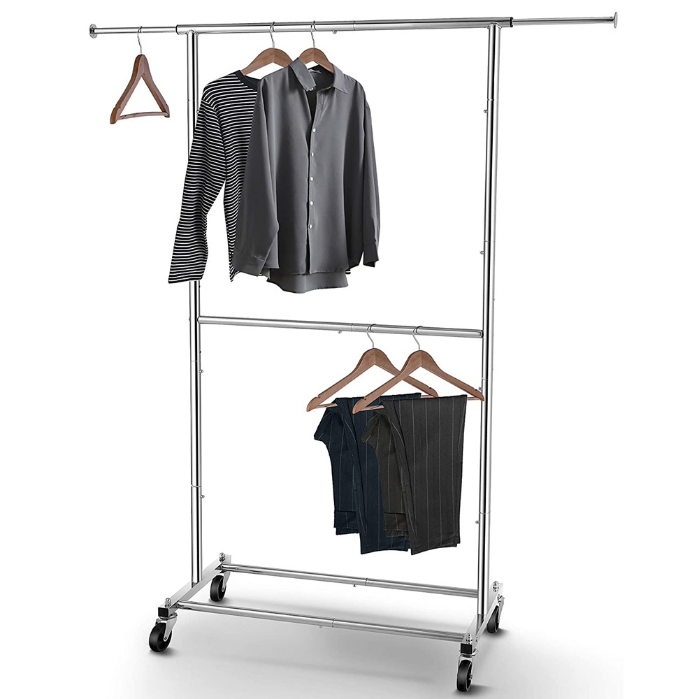 NEW Simple Trending Double Rod Clothing Garment Rack Rolling Clothes Organizer on Wheels for Hanging Clothes Black