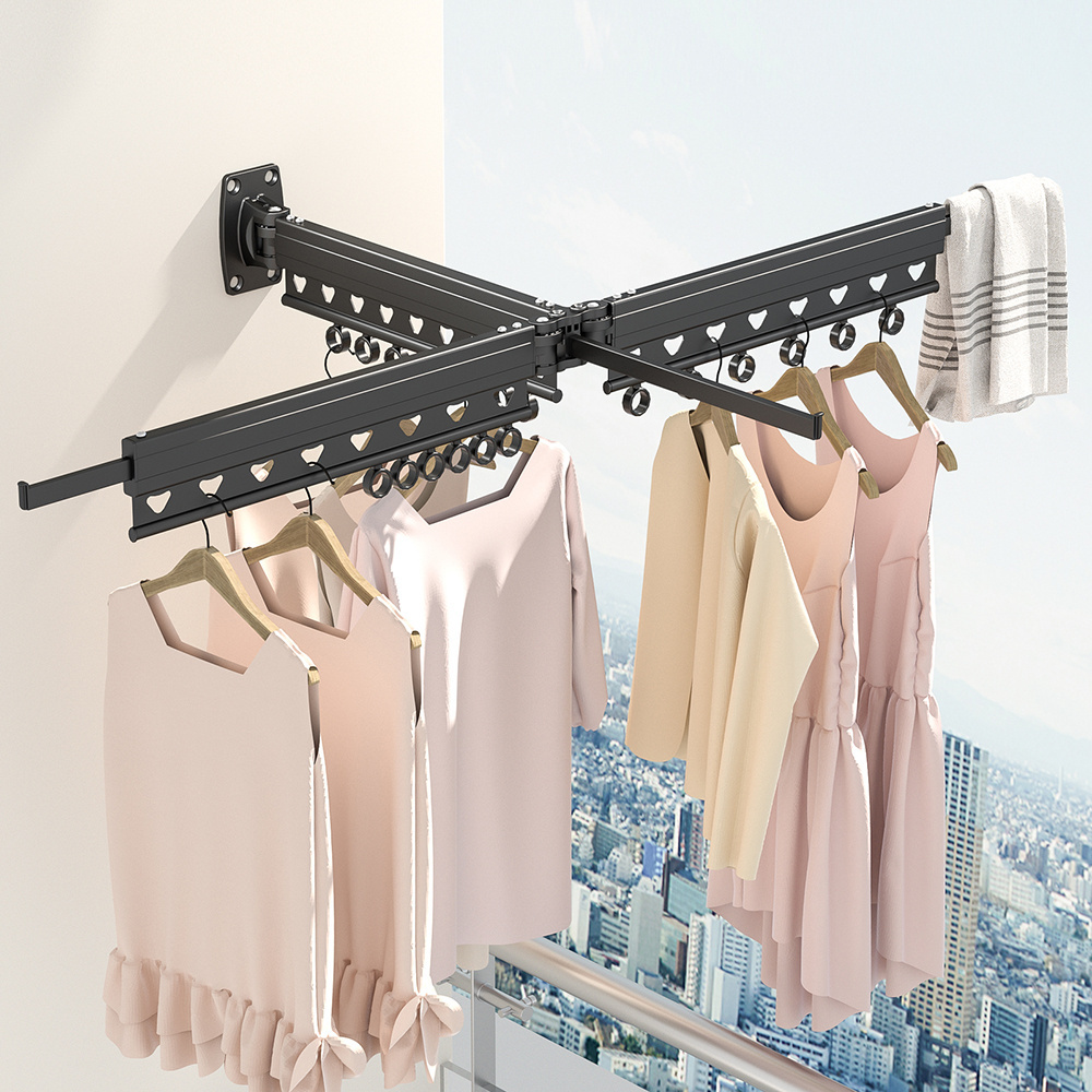 Hot Sale lightweight Aluminum foldable T type wall mounted metal clothes laundry drying rack with hooks