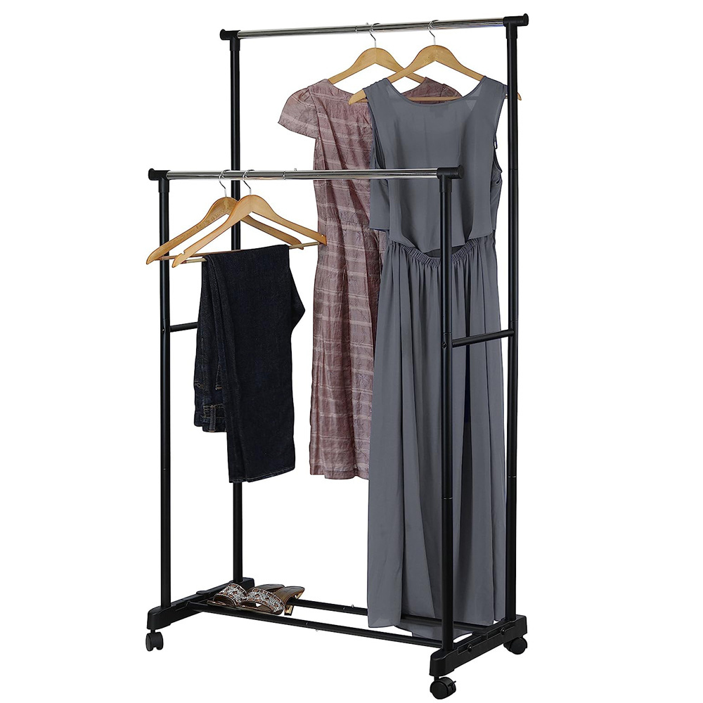 NEW Simple Houseware Double Rod Portable Clothing Hanging Garment Rack