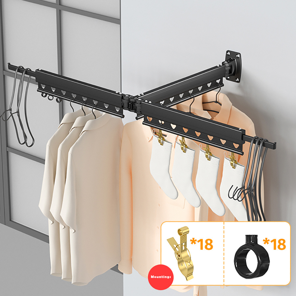 Hot Sale lightweight Aluminum foldable T type wall mounted metal clothes laundry drying rack with hooks