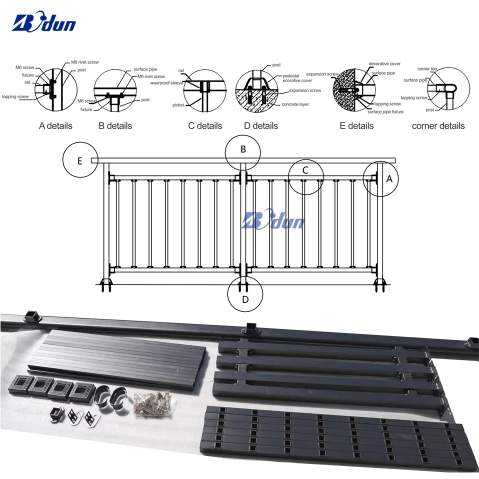 Bodun easy DIY install powder coating aluminum iron villa balcony door exterior deck railing metal railing for stairs