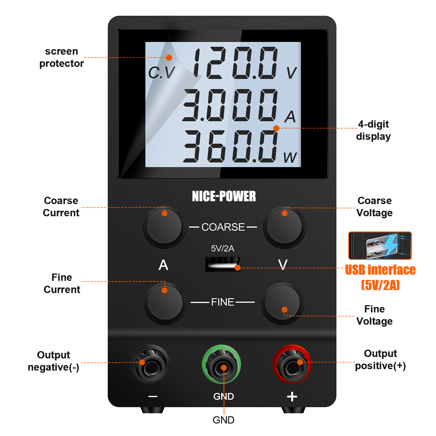 NICE-POWER SPS1203D DC Lab Switch Adjustable LCD Screen 4-Digit Display Eye Protection 120V 3A Voltage Regulator Power Supply