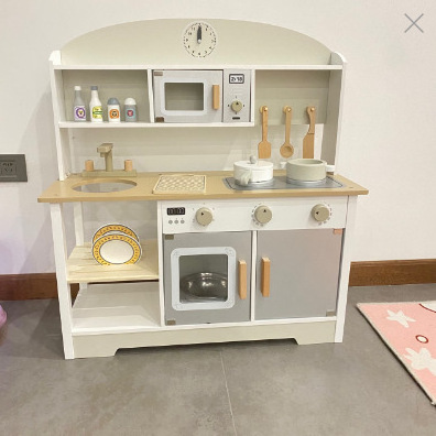 Vintage Wooden Play Kitchen Kids Kitchen Set Pretend Play Kitchen with Burners Faucet & Microwave Cooking Clock