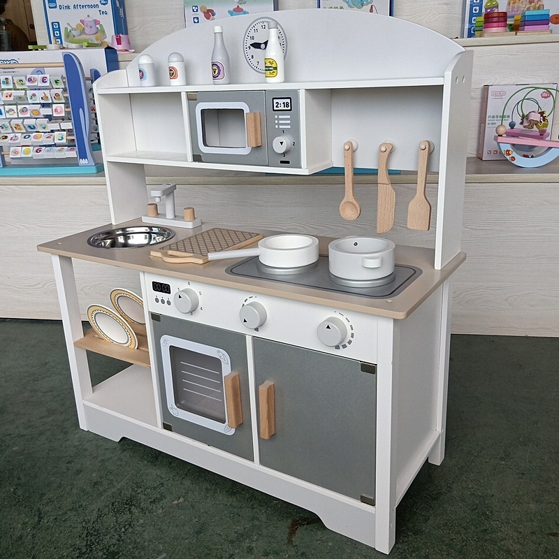 Vintage Wooden Play Kitchen Kids Kitchen Set Pretend Play Kitchen with Burners Faucet & Microwave Cooking Clock